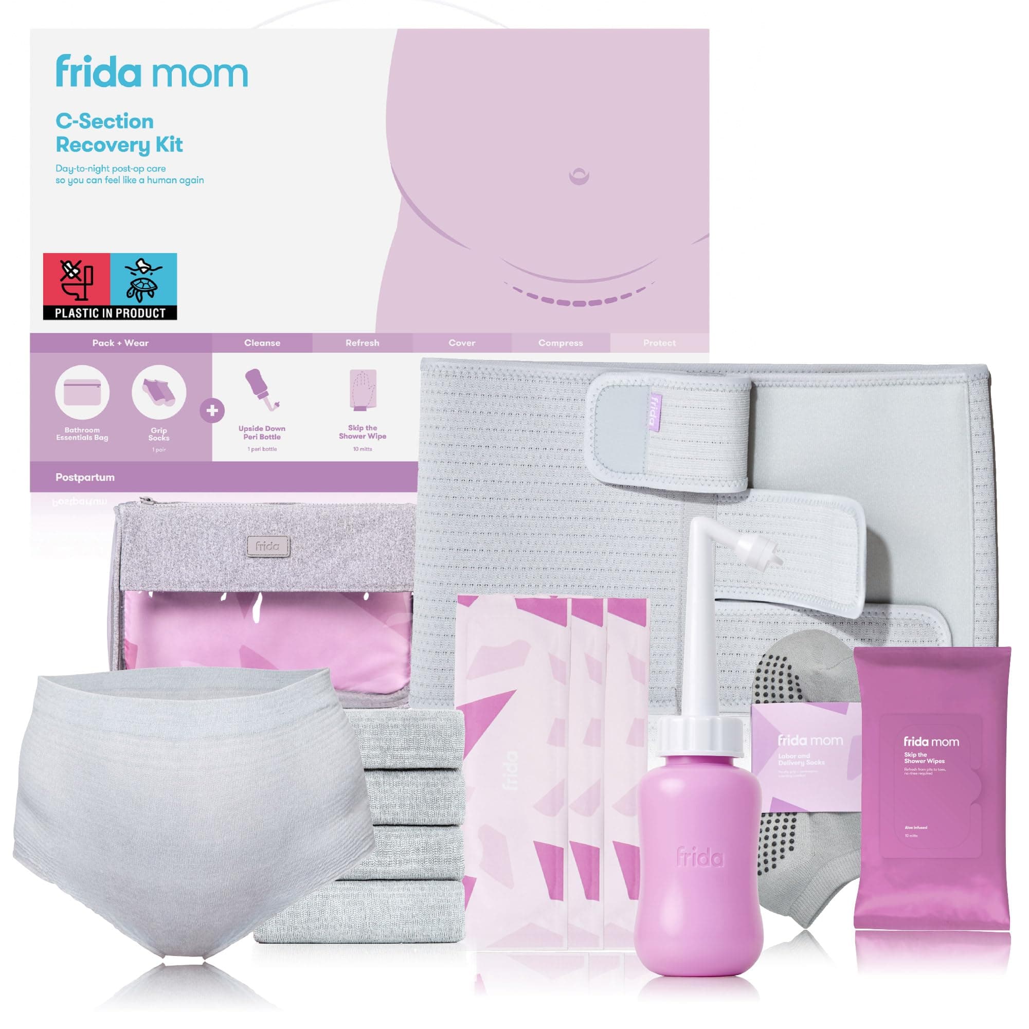 Postpartum Kit for C-Section Recovery with C-Section Belly Band, C-Section Recovery Must Haves, Kit Includes Socks, Disposable Underwear, Peri Bottle, Cleansing Wipes, and Scar Patches