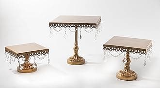 Opulent Treasures Antique Gold Cake Stand, Set of 3, Square Serving Plates, Metal, Chandelier Accents, Dessert Stand (Bronze Gold)