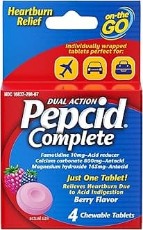 Complete Acid Reducer + Antacid Chewables, 10mg Famotidine, 800mg Calcium Carbonate & 165mg Magnesium Hydroxide per Heartburn Medicine Tablet, Antacid Chews, Berry Flavored, 4 ct.