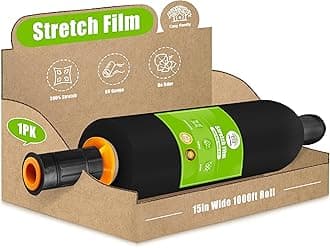 Plastic Wrap Stretch Film Roll - 1000ft 60 Gauge Industrial Strength 15 inch Wide Plastic Wrap Roll with Handles for Pallet Wrapping Shipping Moving - Black, Pack of 1