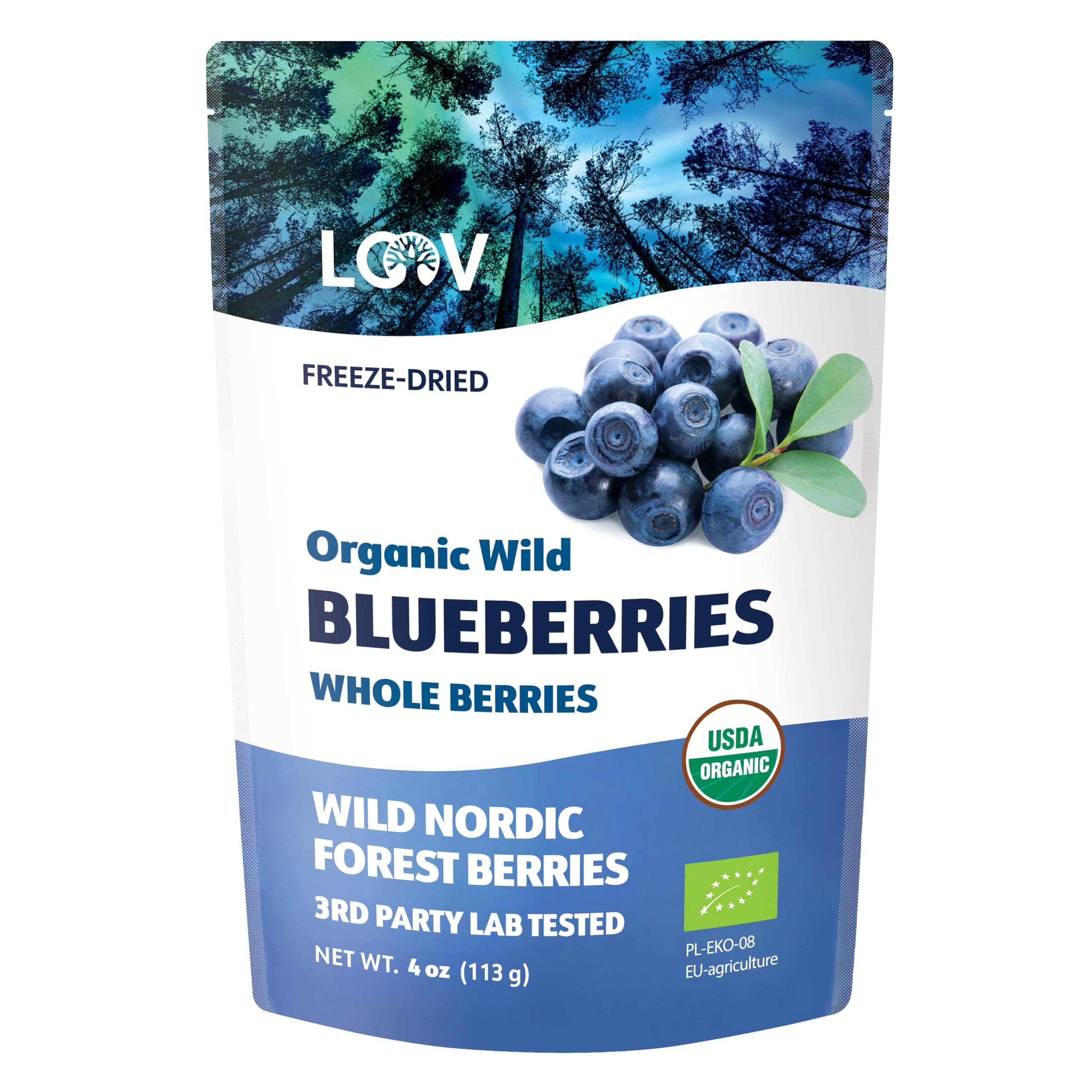 Wild Organic Dried Blueberries, No Added Sugar, No Added Oil, 4 Ounces, Freeze Dried Blueberries Organic From Nordic Forests, 100% Whole Fruit Wild Blueberries, Non-GMO, Unsweetened Dried Fruit