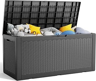 100 Gallon Resin Deck Box, Lockable Patio Outdoor Storage Box for Furniture, Garden Tools and Tools Storage, Waterproof Outside Storage Boxes - Black