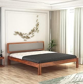 - Wooden King Size Bed for Bedroom | Wooden Double Bed | Platform Cot Bed with Upholstered Cushioned Headboard | 6.5 x 6 Ft | Sheesham Solid Wood, Honey Finish