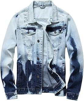 LAMKUKU Mens Denim Jacket Ripped Slim Jean Jacket Coat for Men