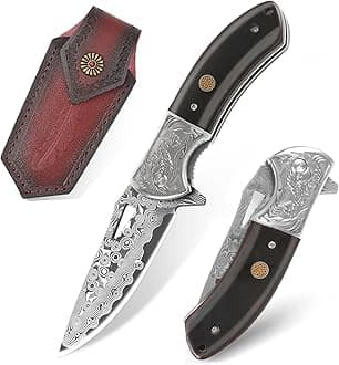 Damascus Pocket Knife with Sheath,3.35" VG10 Damascus Folding Knife with Black Sandalwood Handle,EDC Camping Knives for Outdoor Indoor, Ideal Gifts for Men Women