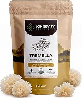 Longevity Botanicals Organic Tremella Mushroom Powder Supplement Extract 100g | Snow Fungus Fuciformis Fruiting Body | ≥10% Beta-D-Glucans | 60 Servings of 1,660mg | Supports Skin Wellness