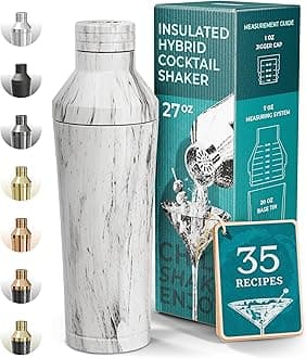 Insulated Cocktail Shaker Set | Double Wall Stainless Steel | Martini Shaker for Home Bar Bartending | Built-in Drink Measurement System & Strainer, Travel Bag, 35 Recipes | Gift Set (Marble)