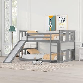 Bellemave Full Bunk Beds with Slide Full Over Full Low Bunk Bed Frame Wood Floor Bunkbed for Boys Girls Teens’ Bedroom Dorm, Grey