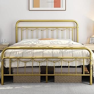 Yaheetech Queen Size Metal Bed Frames with Vintage Headboard and Footboard, Farmhouse Metal Platform Bed, Heavy Duty Steel Slat Support, Ample Under-Bed Storage, No Box Spring Needed, Antique Gold