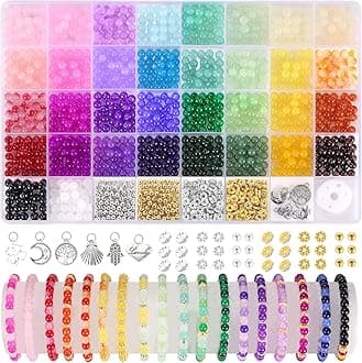 1368pcs 6mm Glass Beads for Bracelets, 34 Colors Crystal Beads for Jewelry Making, Funtopia Round Glass Beads for DIY Earrings Necklace Crafts with Spacer Beads and Charms, Solid and Gradient Colors