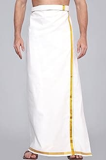 Men's 100% Pure Cotton White With Gold Jari Lungi in Size 2 Mtrs Single Lungi- Pack Of 1