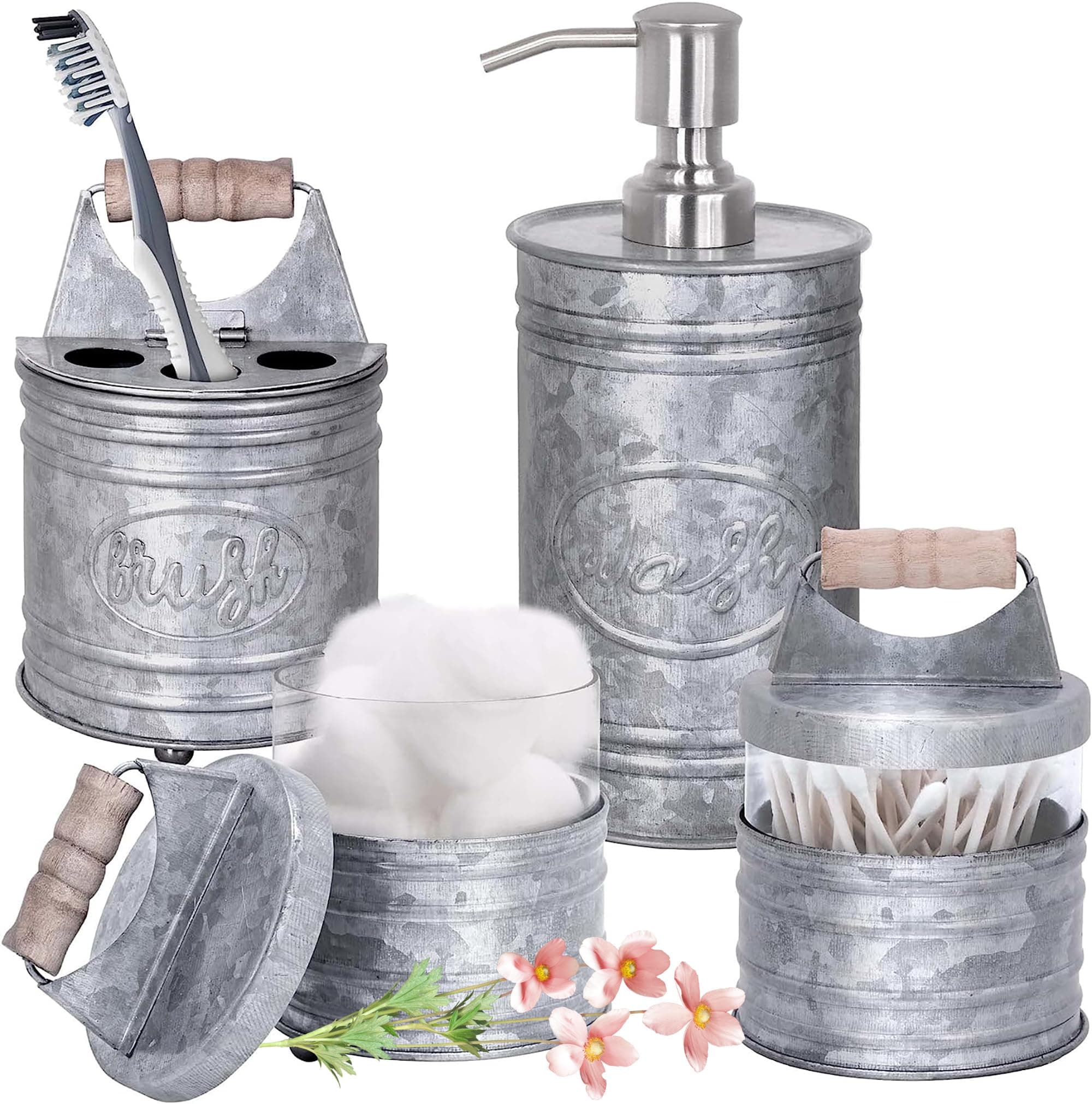 Rustic Bathroom Accessories Set 4 - Galvanized Soap Dispenser, Rustic Toothbrush Holder, 2 Apothecary Jars Qtip Holder - Western Bathroom Decor – Farmhouse Bathroom Decor Accessories