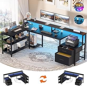 Aheaplus L Shaped Desk with File Drawer, 72.8" Reversible L Shaped Computer Desk with Power Outlet & LED Strip, Gaming Desks with Long Monitor Stand, Corner Office Desks with Storage Shelf, Black