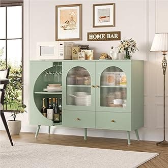 FACBOTALL Coffee Bar Cabinet, Buffet Sideboard Cabinet with 2 Drawers and Fluted Glass Door, Wine Bar for Kitchen, Living Room, Modern Kitchen Storage, Green