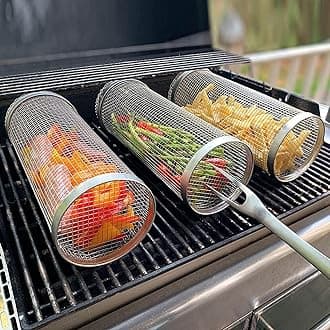 Rolling Grill Basket, Stainless Steel Wire Mesh Cylinder Grilling Basket, Portable Outdoor Camping Barbecue Rack for Vegetables, French Fries, Fish, Versatile Round Grill Cooking Accessories