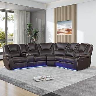 Modern Faux Leather Manual Reclining Sofa Couch with Center Console,LED Light Strip,Living Room Furniture Set,Leather Recliner Couch with Cup Holder and Storage for Living Room, Brown