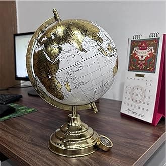 Decorative 8 Inch Table Rotating Globe with Gold Arc and Base,Home Decor Item with Gold Foil Stamp Map White Color