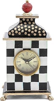 Desk Clock, Decorative Wood Clock for Kitchen and Living Room, Black-and-White Courtly Check