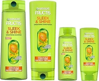 - Fructis Sleek & Shine Full + Travel Size Shampoo (12.5 & 3 Fl Oz) + Conditioner (12 & 3 Fl Oz) Set for Frizzy, Dry Hair, Plant Keratin + Argan Oil (4 Items), 1 Kit (Packaging May Vary)