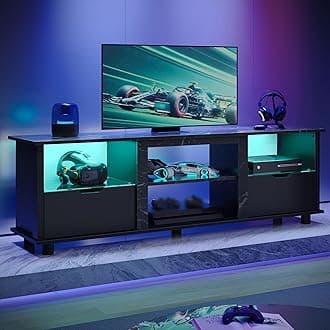 Bestier 70" Gaming Entertainment Center with LED Light, Modern LED TV Stand for 75 Inch TV, TV Entertainment Stand for Living Room with Storage Drawers and Glass Shelves (Black Marble)