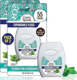 GuruNanda Expandable Waxed Dental Floss for Gentle, Deep Cleaning Wide Teeth Flossing - Peppermint Flavor - 55 Yards (Pack of 2)