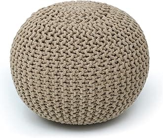 The Home Talk Poufs Footrest for Couch 100% Cotton Knitted Ottoman Farmhouse Floor Chair, Bean Bag - Ideal for Living Room, Bedroom, Lounge, Patio, Nursery, 18"x18"x14" - Beige