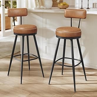 EKHO Collection - Bar Stools Set of 2, Swivel Bar Height Bar Stools with Back, Synthetic Leather with Stitching, Mid-Century Modern, 30-Inch Tall Barstools for Kitchen Home Bar, Caramel Brown