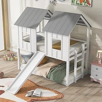 Merax Twin Over Twin Wood House Bunk Bed with Slide and Windows, White
