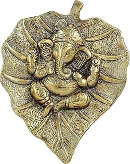 Craft Trade Lord Ganesh Golden Ganpati On Paan Patta Leaf Decorative Religious Ganesha Metal Wall Hanging for Home & Office Entrance Room Decor Feng Shui Vastu Special Housewarming Wedding Gift