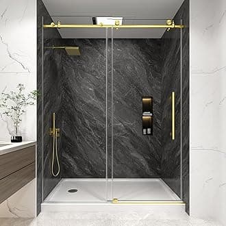 KPUY Frameless Shower Door, 55-60" W x 76" H Sliding Glass Shower Door, 1/4" (6mm) Thick Tempered Clear Glass with Explosion-Proof Film Nano Coating, Stainless Steel Hardware, Brushed Gold