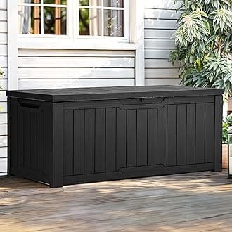 YITAHOME Outdoor Storage Box, 120 Gallon Waterproof Deck Box for Garden Tools, Patio Cushions, and Pool Accessories, Lockable, Easy Assembly, Versatile Bench or Table (Black)