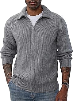 PJ PAUL JONES Men's Full Zip Cardigan Sweaters Unisex Relax Fit Lapel Collar Raglan Sleeve Casual Ribbed Sweater