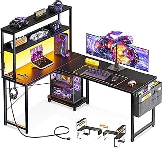 ODK 53 Inch L Shaped Desk with LED Lighting, Reversible Gaming Desk with Power Outlets, Cornor Computer Table with Storage Shelves & Bag & Iron Hook, Home Office Table for Writing, Study, Black