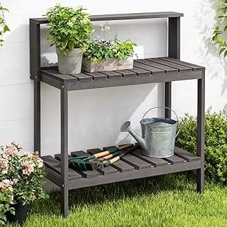 Outdoor Potting Bench Table, HDPS Potting Bench with Storage, Outdoor Potting Table for Porch, No Rust, No Fade, Rot-Resistant (Grey)