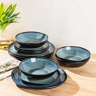 Ceramic Dinnerware Sets,Handmade Reactive Glaze Stoneware Plates and Bowls Set,Highly Chip and Crack Resistant | Dishwasher & Microwave Safe Dishes Set,Service for 4 (12pc)