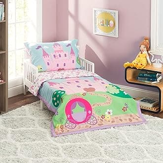 4 Piece Toddler Bedding Set -Princess Storyland- Includes Comforter, Flat Sheet, Fitted Sheet and Reversible Pillowcase