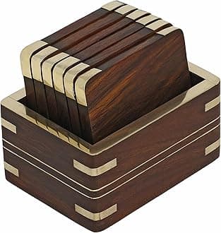 ITOS365 Wooden Drink & Glass Coasters - Set Of 6 | Durable Wood Table Coaster With Holder for Tea Cups, Coffee Mugs, Beer Cans, Tumblers and Water Glasses | Ideal For Hom & Kichen