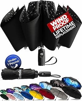 Strongest Windproof Reversed Travel Umbrella, Small Strong but Light Portable and Automatic Folding Rain Umbrella, Durable Premium Grip, Fits Car & Backpack