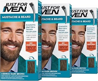 Just For Men Mustache & Beard, Beard Coloring for Gray Hair with Brush, with Keratin Biotin Aloe and Coconut Oil for Healthy Facial Hair - Medium-Dark Brown, M-40, Pack of 3 (Packaging May Vary)