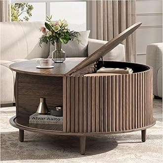 Round Coffee Table with Storage, 31.5" Fluted Center Table for Living Room, Modern Walnut Wood Circle Drum Table with Sliding Cabinet Door, Mid Century Furniture for Small Space