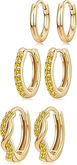 14K Gold Plated Huggie Hoop Earrings for Women, Small Sterling Silver Earring Set Hypoallergenic Cartilage Helix Stacks, Mini Dainty Cute Trendy Birthstone Jewelry Gift for Multiple Piercings