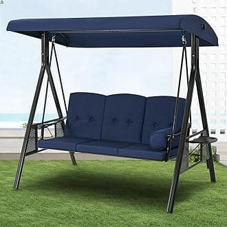 U-MAX3-Seat Porch Swing Chair Steel Frame, Patio Swing Chair with Stand and Removable Cushions, Outdoor Canopy Swing Chair for Outside, Backyard, Garden, Deep Blue Cushion