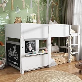 Merax Kids Bed Household, Toddler Bed Frames with Stairs, Bunk Beds for Kids, Cabin Bed with Small Shelf and 2 Blackboards, Mid Sleeper Beds with Slatted Frame and Fall Protection, 90 X 190 cm, White