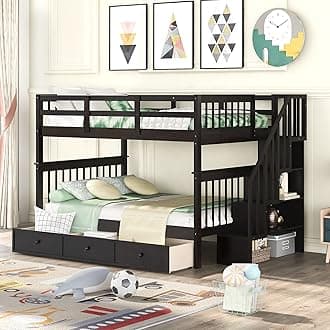 Modern Bunk Bed Full-Over-Full Size with Storage Staircase and Drawer, Solid Wood Full Bunk Bed Frame with Safety Guardrail for Kids Teens Adults, Can be Split into 2 Separate Beds (Espresso-5)