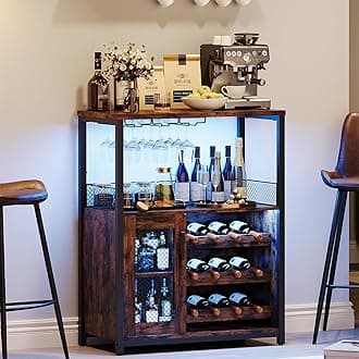 Wine Bar Rack Cabinet with LED Light, Adjustable Shelves Coffee Bar Cabinet with Mesh Door and Baffle Design, 36″ Tall Small Liquor Bar Cabinet for Home, Kitchen, Dinning Room, Rustic Brown