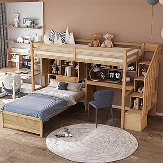 Wood Bunk Bed Twin Over Twin Size with Built-in Desk and Staircase, Loft Bed & L-Shape Platform Bed with Storage Compartments and Shelves for Kids Teens Adults, Space-Saving (Natural-10.9)