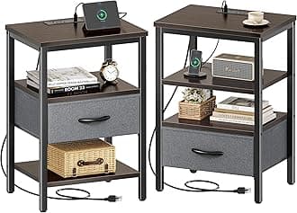 SUPERJARE Nightstand Set of 2, Bed Side Tables with Charging Station, Adjustable Fabric Drawer, Night Stand for Bedroom, 3-Tier Storage End Tables, Walnut