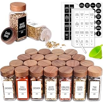 Churboro 24 Spice Jars with 547 Labels - Glass Spice Jars with Shaker Lids - 4 Oz Square Spice Containers with Acacia Wood Lids, Chalk Pen, Funnel- Seasoning Jars for Spice Rack, Cabinet, or Drawer