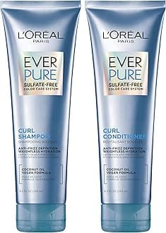 L'Oreal Paris Sulfate Free Shampoo and Conditioner for Curly Hair, Lightweight, Anti-Frizz Hair Care with Coconut Oil, EverPure, 8.5 Fl Oz, Set of 2 (Packaging May Vary)