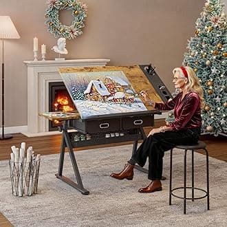 Craft Table, Height Adjustable Drafting Table 0-75° Tilt with Storage, Tilted Art Desk for Adults, Includes Stool, Drawing Table for Home, Office, School (Black-Wood-2)